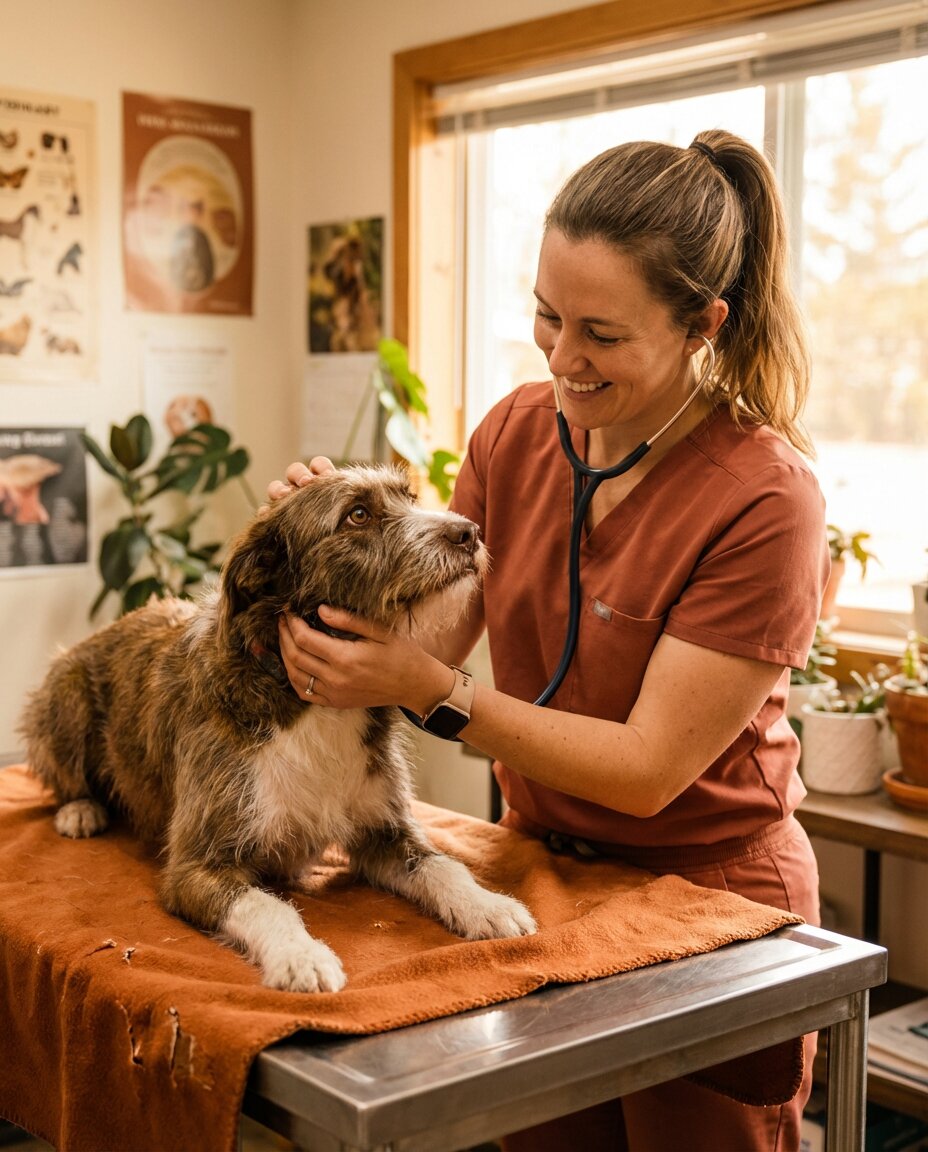 Veterinarian caring for a rescue dog