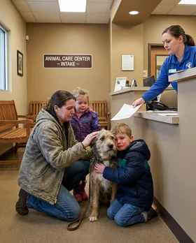 A family sadly saying goodbye to their dog at a shelter intake desk