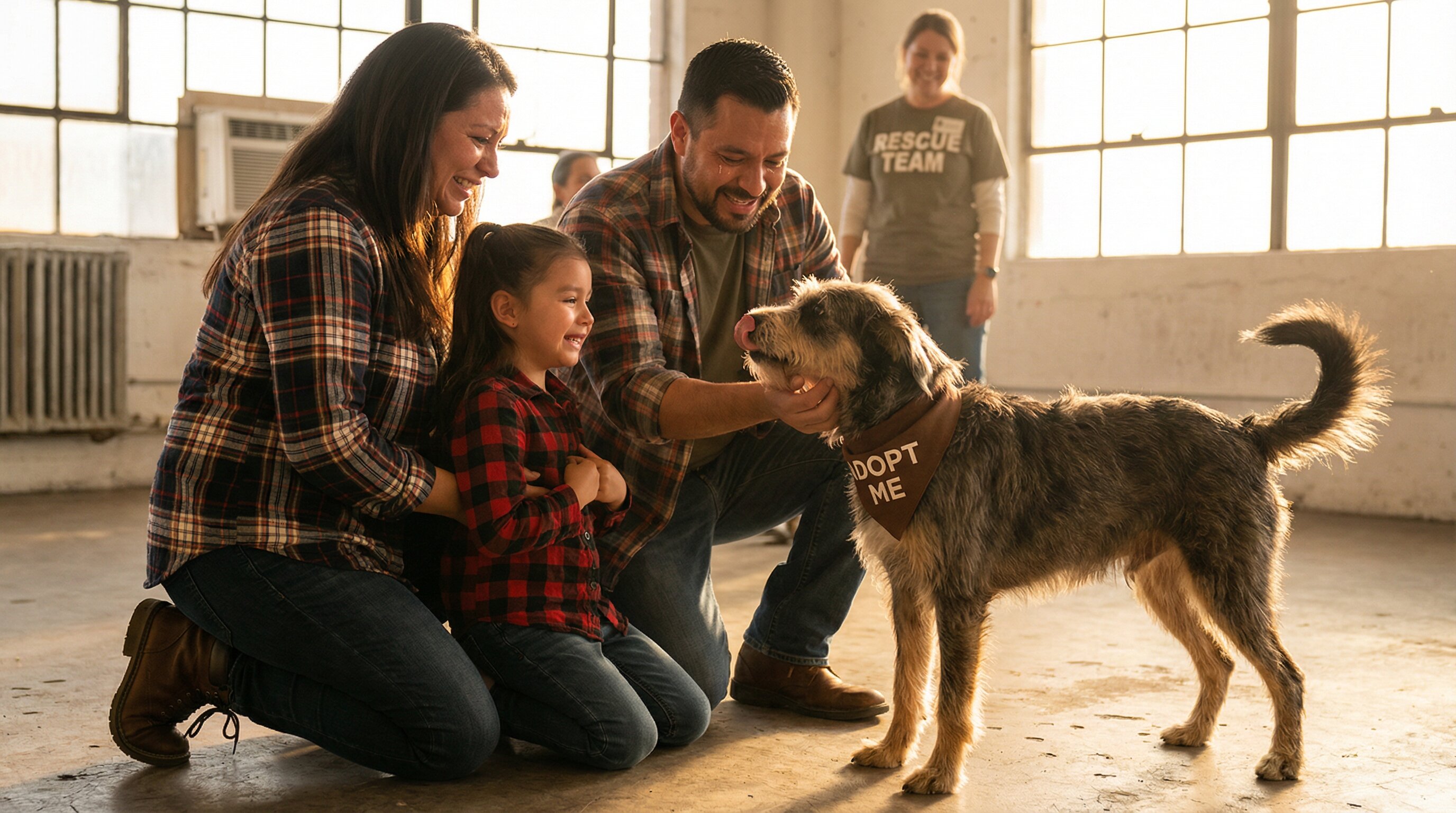 A family meeting their new shelter dog - the moment of connection
