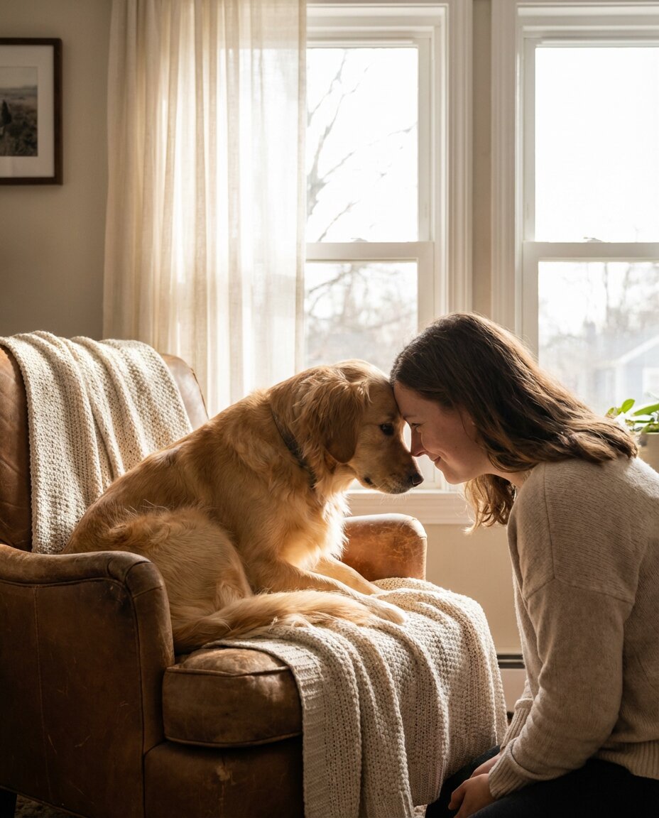 Human and dog sharing an intimate moment of connection