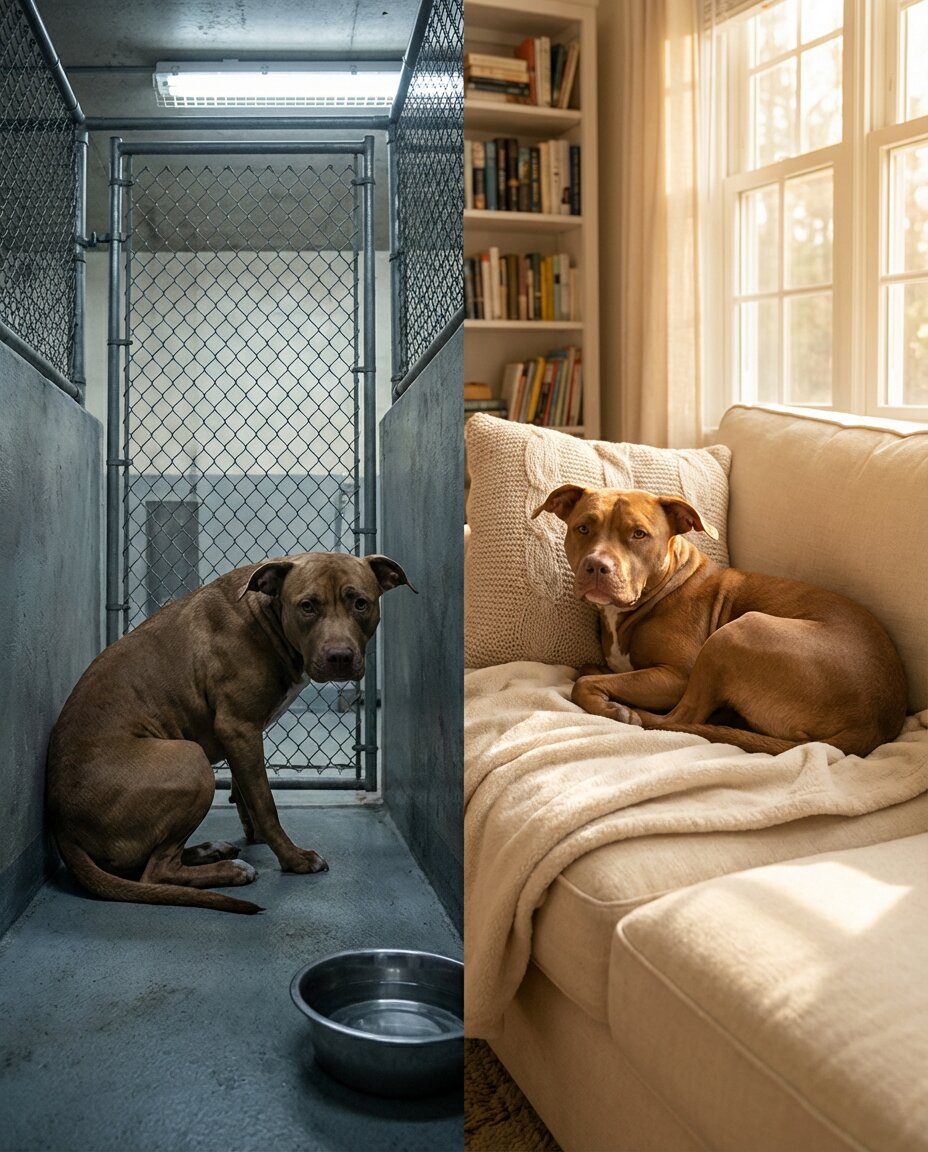 The same dog showing the difference between shelter stress and foster home comfort