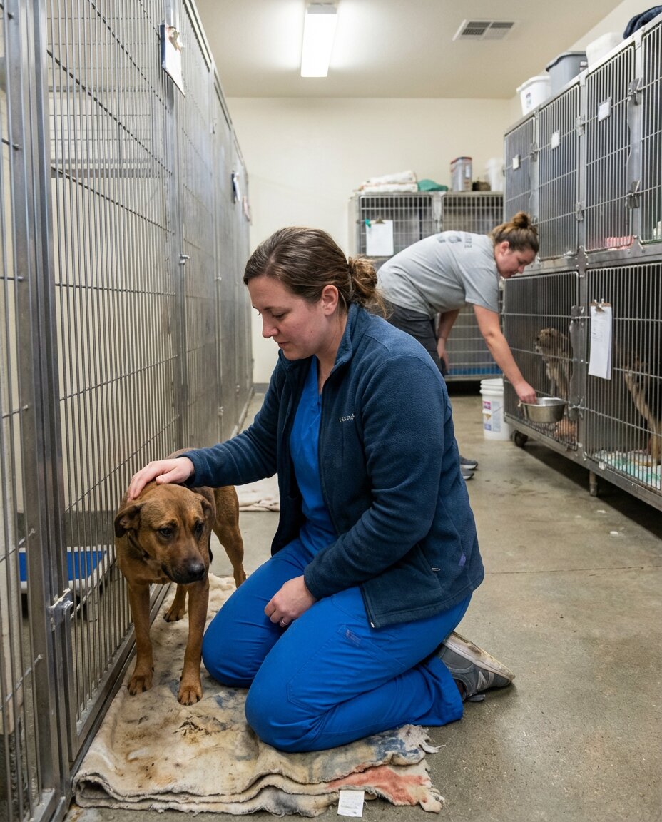 Dedicated shelter workers caring for dogs in kennels