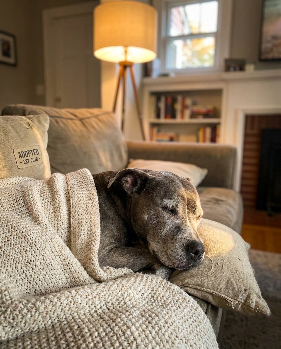 A senior pit bull sleeping peacefully on a couch - finally safe