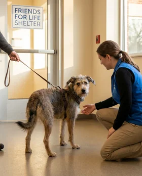 A confused dog being returned to a shelter, glancing back uncertainly