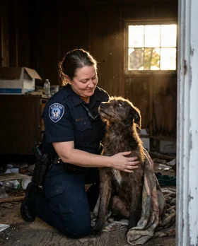 An animal control officer gently rescuing a neglected dog