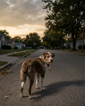 A stray dog wandering alone on a suburban street, looking lost
